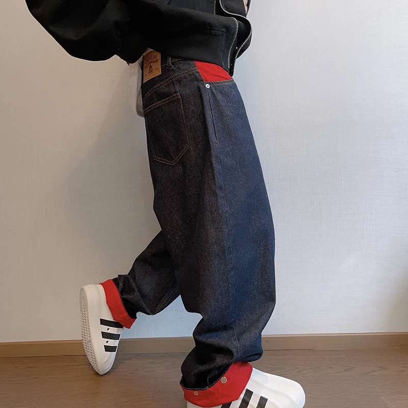 

Осенние джинсы большого размера 300 Pou в американском стиле ретро с завышенной талией, синие, красные мужские джинсы с высокой талией, длинные прямые свободные джинсовые брюки
