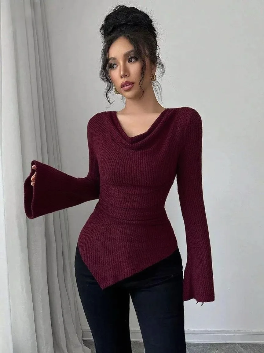 Off Shoulder Long Sleeve Knit Sweater Irregular Hem Slim Fit Blouse Sexy Bell Sleeve Pullover Casual Tops for Woman Clothing