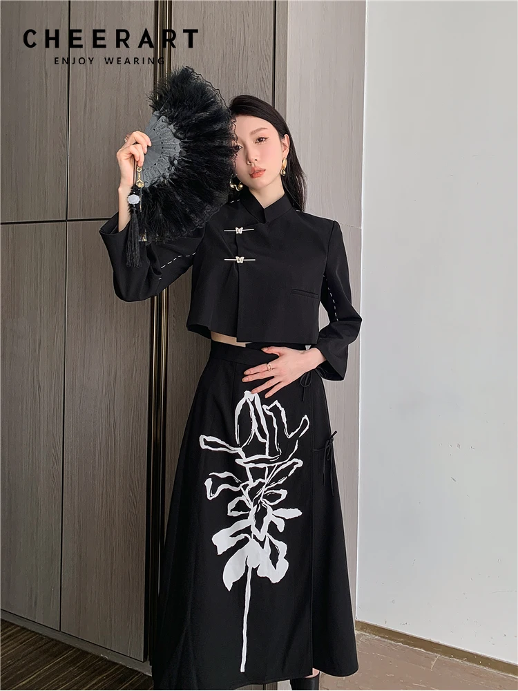 CHEERART Vintage Blazer Skirt 2 Piece Sets Women Outfit Spring Black Jackets And Skirts Contrast Stitch Fashion 2023 Outfit