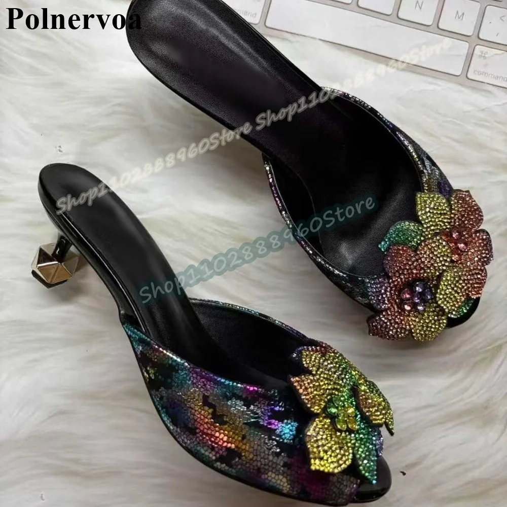 

Mixed Sparkling Crystal Flower Slippers Middle Heel Shoes For Women Slip On Peep On Luxury Banquet Trending Women Slippers