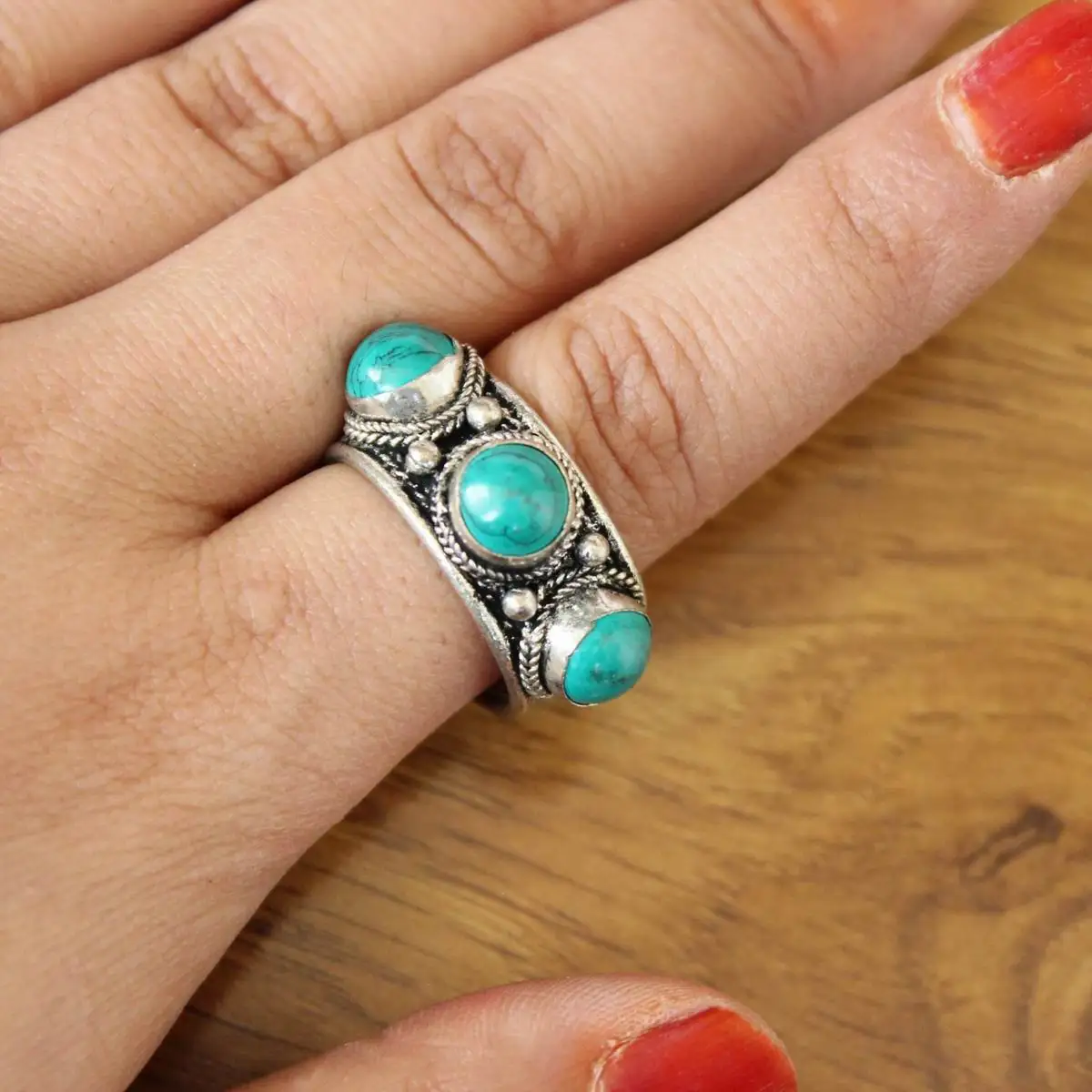 RG358 Tibetan Silver Metal Inlaid Three Turquoises Stone Beads Open Back Adjustable Ring