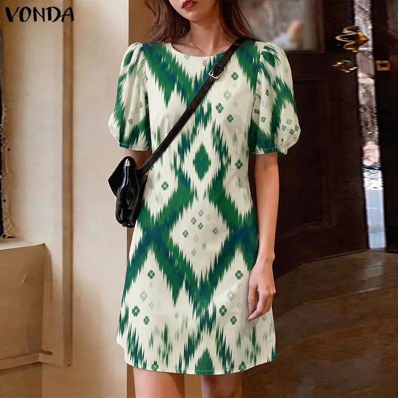 VONDA Damen Minikleid Kurzarm Print O-Ausschnitt A-Linie Sommerkleider OL Arbeitsparty Vestidos Puffärmel Sommerkleid Streetwear