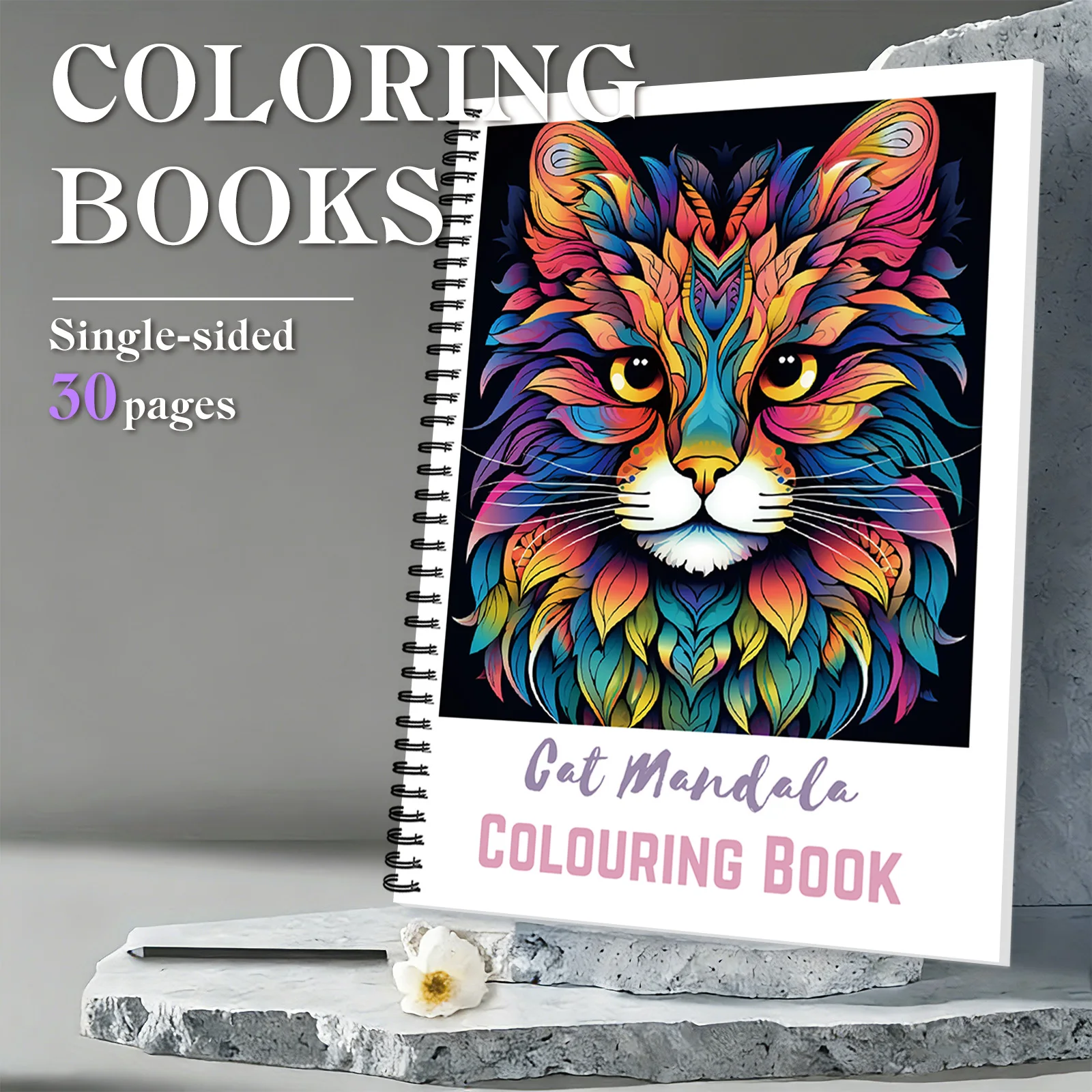 

1 шт. книги для рисования, спиральная книжка-раскраска с замысловатым рисунком кота Мандала, для расслабляющих подробных раскрасок
