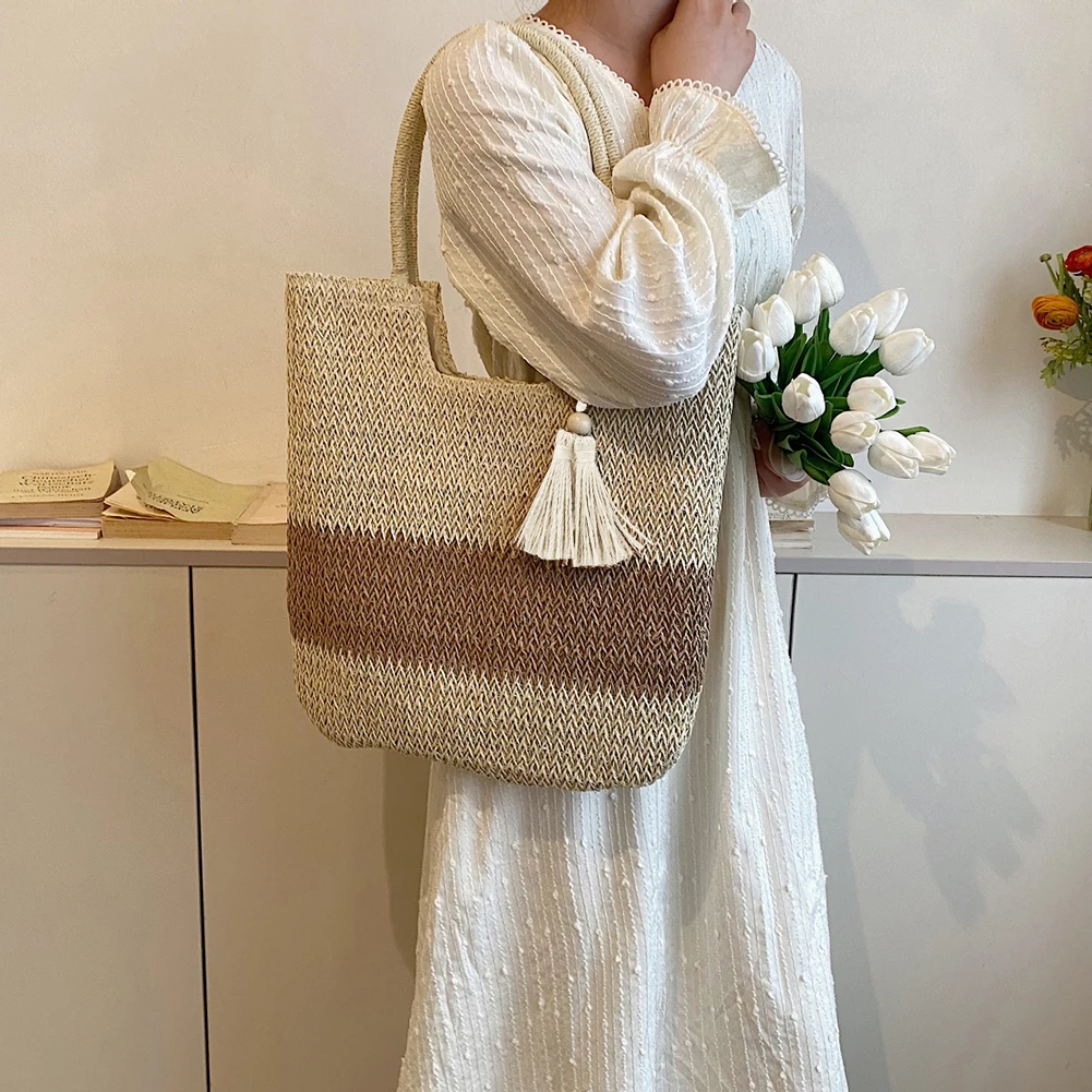 

Shoulder Bag Contrast Color with Tassels Summer Top-handle Bag Large-Capacity Handmade Fashion Casual Simple for Seaside Holiday