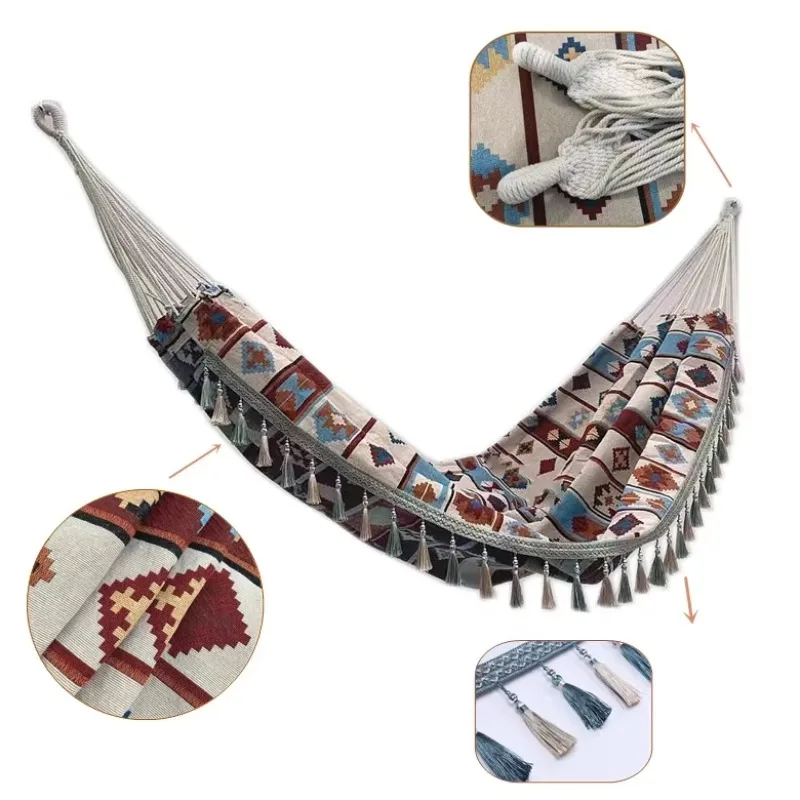 Popular Nordic style portable jacquard canvas outdoor garden hammock with fringe