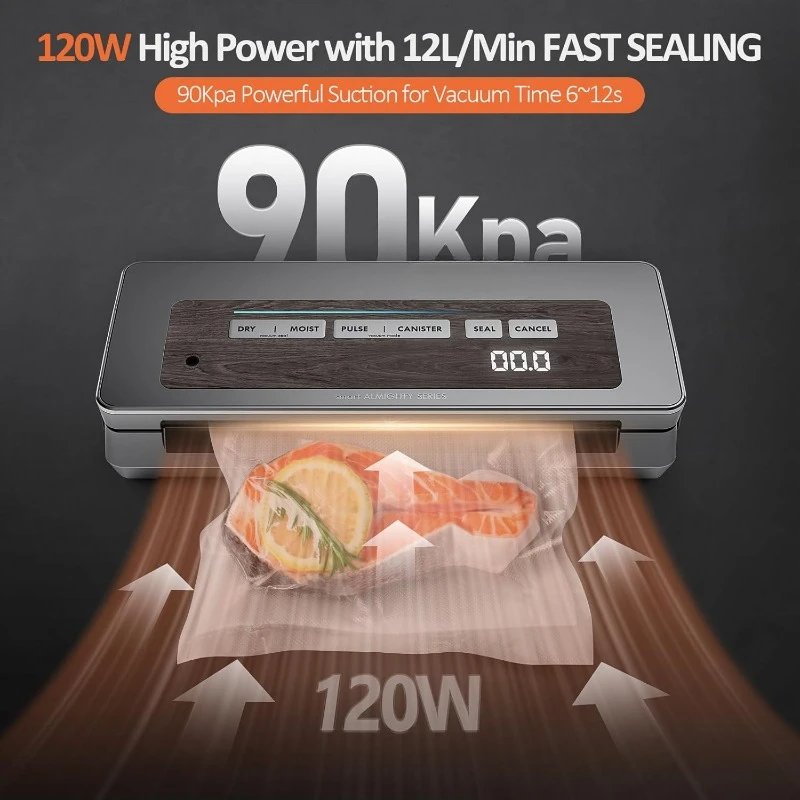 Vacuum Sealer Machine, 90kPa 120W Wide Seal All-IN-1 Powerful Food Storage, Build-in Cutter | Bags Storage | Digital Countdown