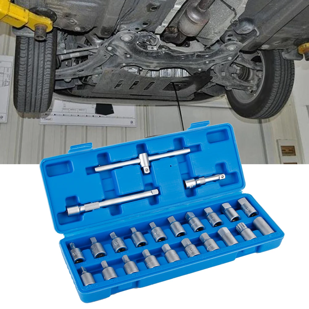 

23Pcs/Set 3/8in Oil Drain Sump Screw Sleeve Wrench Removal Kit Car Repairing Tool