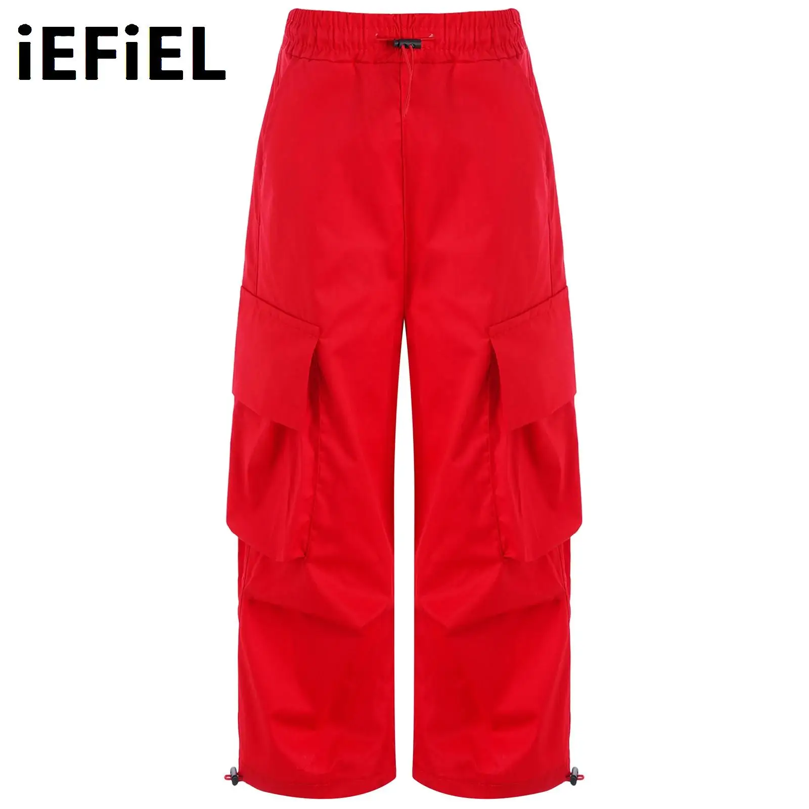 

Kids Casual Cargo Pants Boys Girls Drawstring High Waist Elastic Waistband Straight-Leg Trousers with Pockets