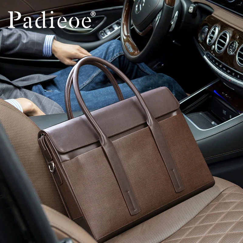 PADIEOE leather briefcase leather 16-inch computer bag business men's handbag large capacity file bag