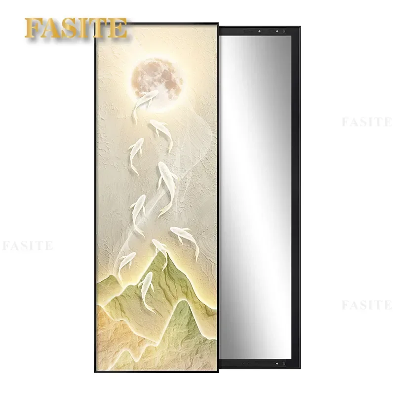 For Nine Fish Landscape Painting Cream Style Porch Decor Hidden Push Pull Full Body Mirror Invisible Full Length Mirror Can