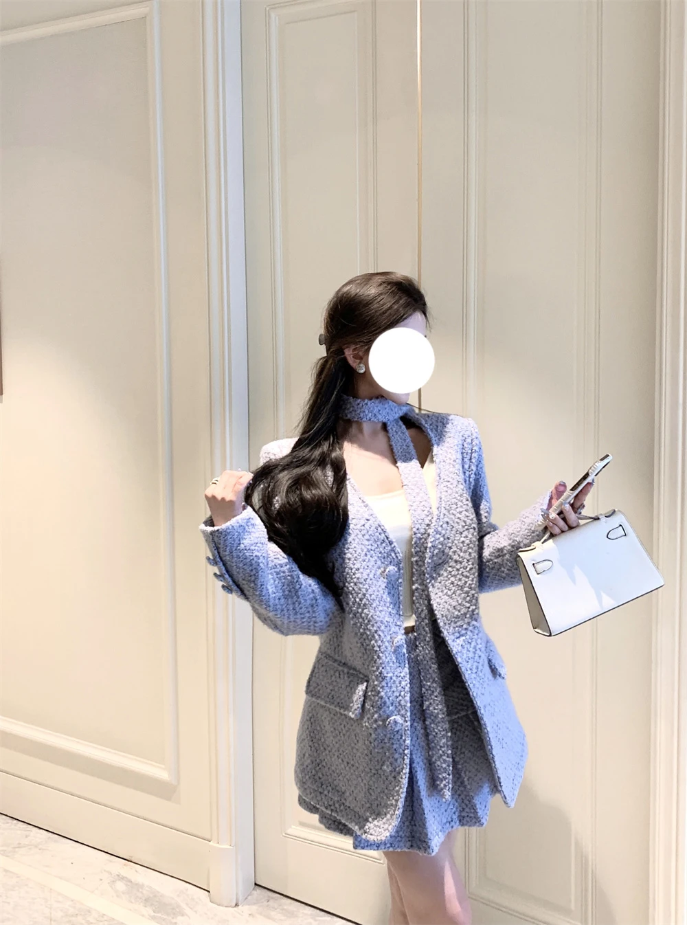 Ele Plaid Suit Set with Sa for Women Cotton Blend Long Sve V-Ne Button-Up Skirt And Jaet Two-Piece Faion Ensemble