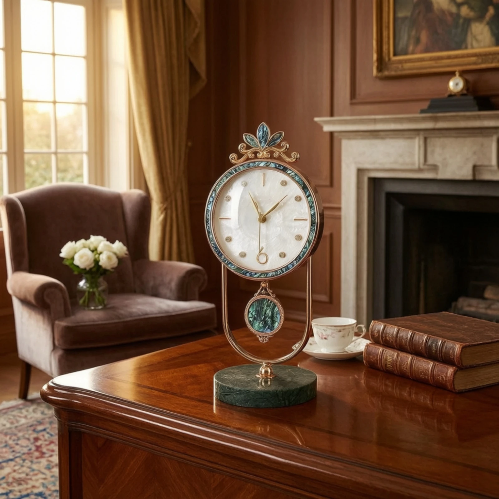 Clock with Marble Base Iridescent Decorative Mantel Clock Classic Easy-to-Read for Living Room, Office