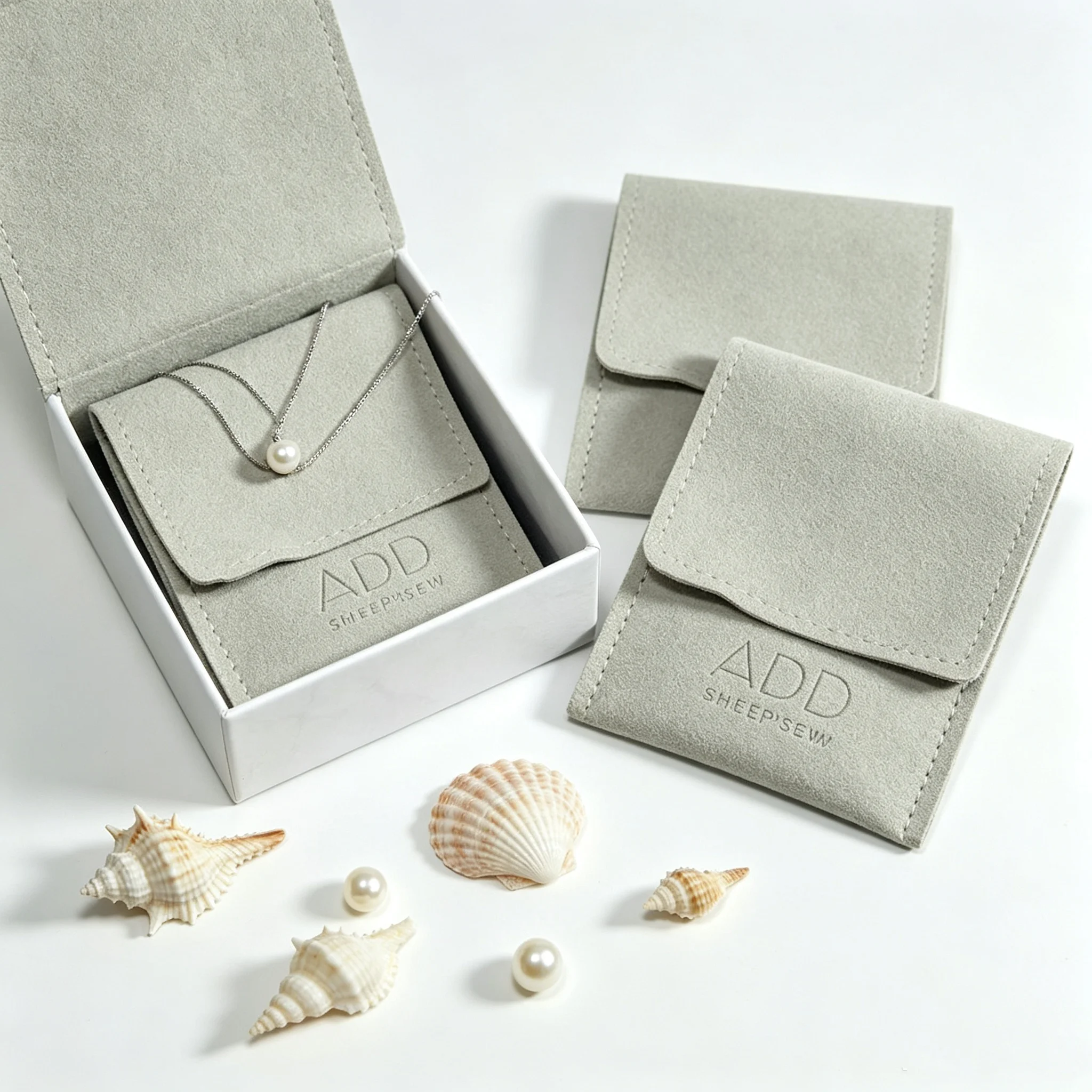 SheepSew Custom Hot Stamped Logo Magnetic Drawer Jewelry Gift Box Set With Microfiber Envelope Pouch Necklace Display Card Handm