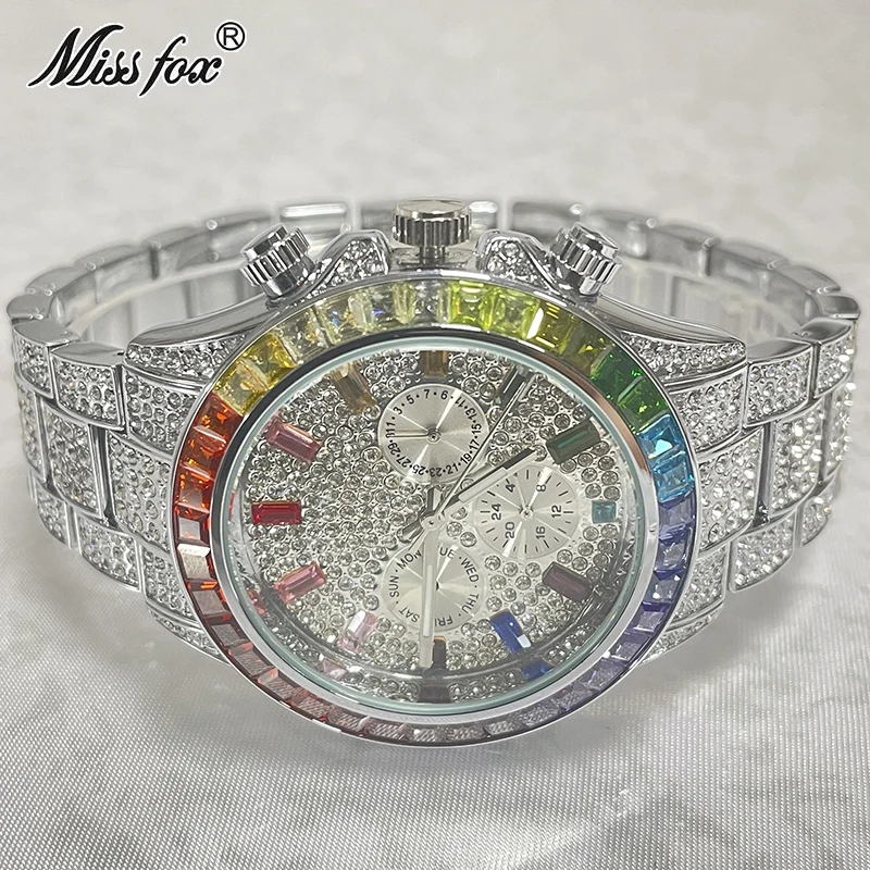 

Hot Sell MISSFOX Iced Out Watch For Men Hip Hop Bling Quartz Clock Fashion Rainbow Diamond Jewelry Wristwatch Man Dropshipping