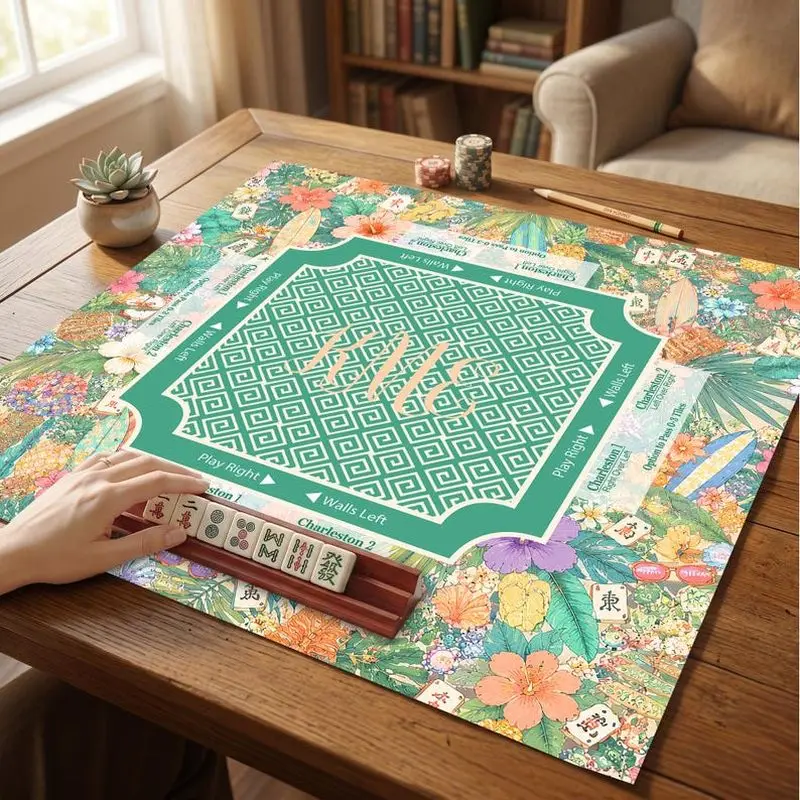 VIKAMA Jungle Tropical Floral Mahjong Mat Anti Noise Non Slip Rubber Pad Portable Washable American Mah Jongg For Ladies Party