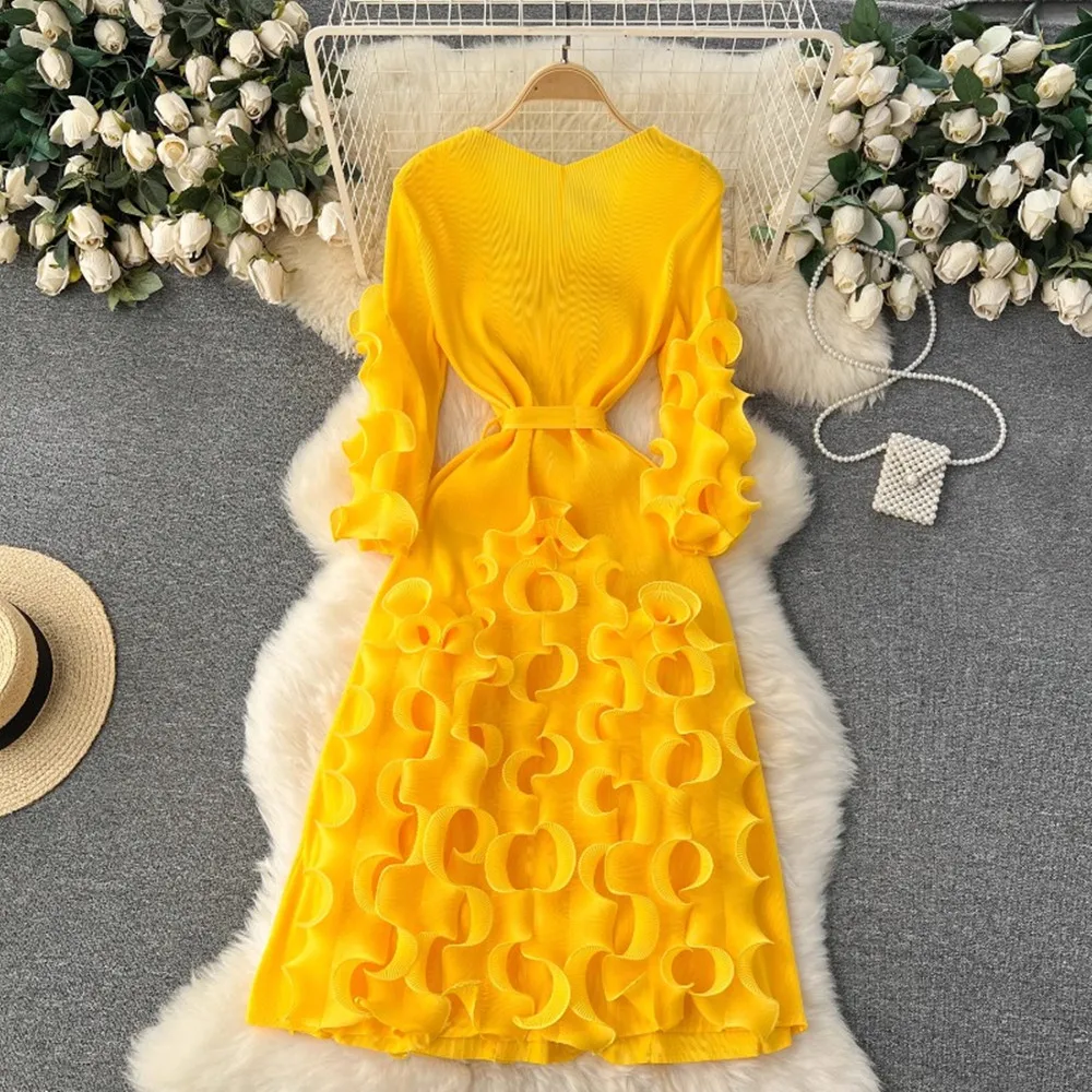 

Chic Fashion Women Ruffled Patchwork Gentle Dresses Solid V neck Vintage Elegant Tied Slim Waist Vestidos Mujer