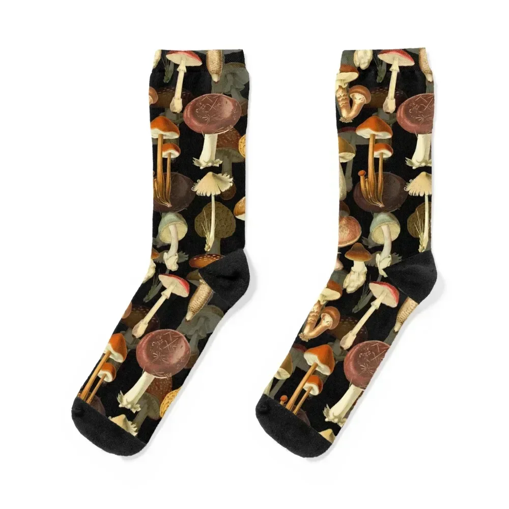 Vintage toxic mushrooms forest pattern on black Botanical Night Garden Socks Crossfit ankle gifts Socks Ladies Men's