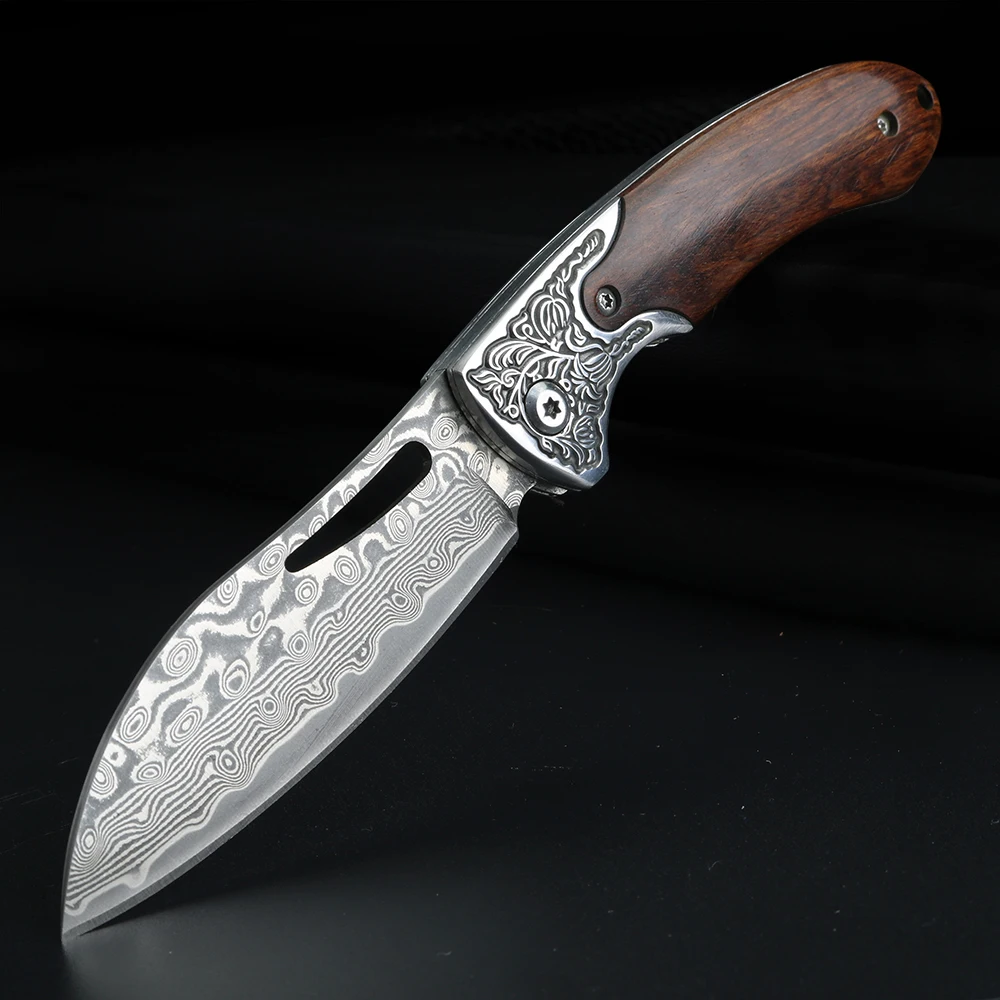 XUANTENG Damascus Laser Pattern Small Knife Hollow Handle Outdoor Knife Camping Hunting Knife Survival Knife