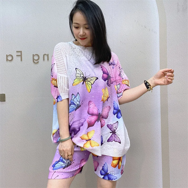 2PCS Sweater Short Set For Summer Casual Loose Suit Women Pattern Priting Thin Pullovers And Hollow Out Shorts