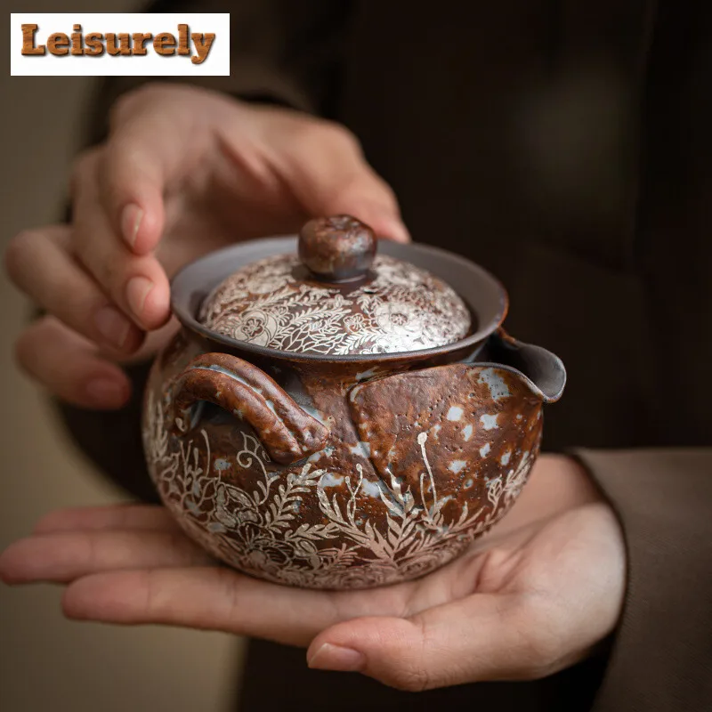 190ml Retro Flower Gilded Silver Hand Grasping Pot Old Rock Mud Treasure Bottle Pot Coarse Pottery Filter Kettle Kung Fu Teaset