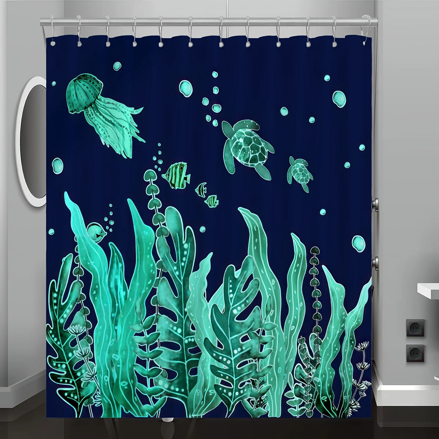 

1 шт., занавеска для душа с принтом океанских мультфильмов и животных, полиэфирная ткань, можно стирать в машине, включает в себя крючки, всесезонный декор для ванной комнаты