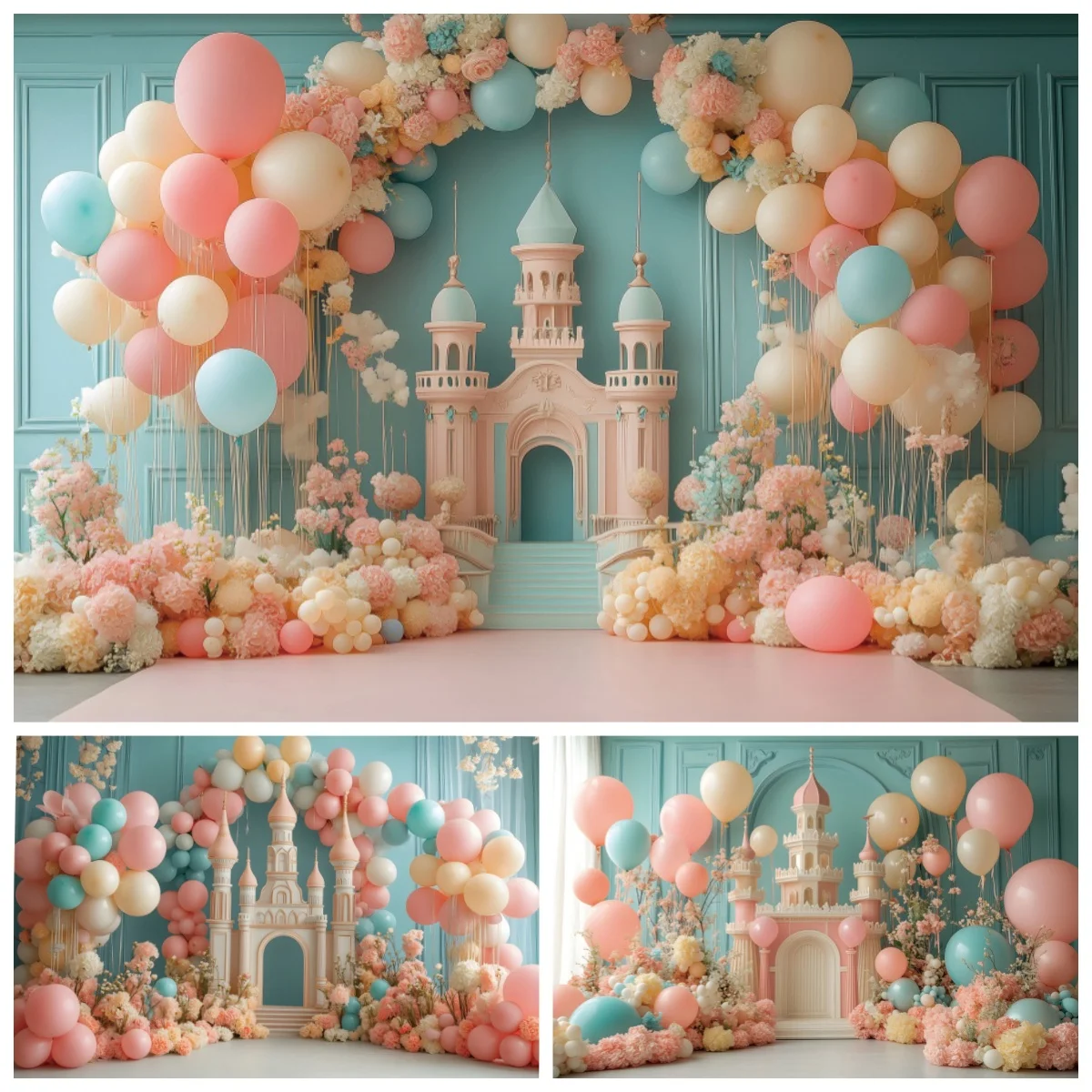 

Castle Palace Newborn 1st Birthday Backdrop Photography Colorful Balloons Baby Shower Party Decorations Kids Portrait Background