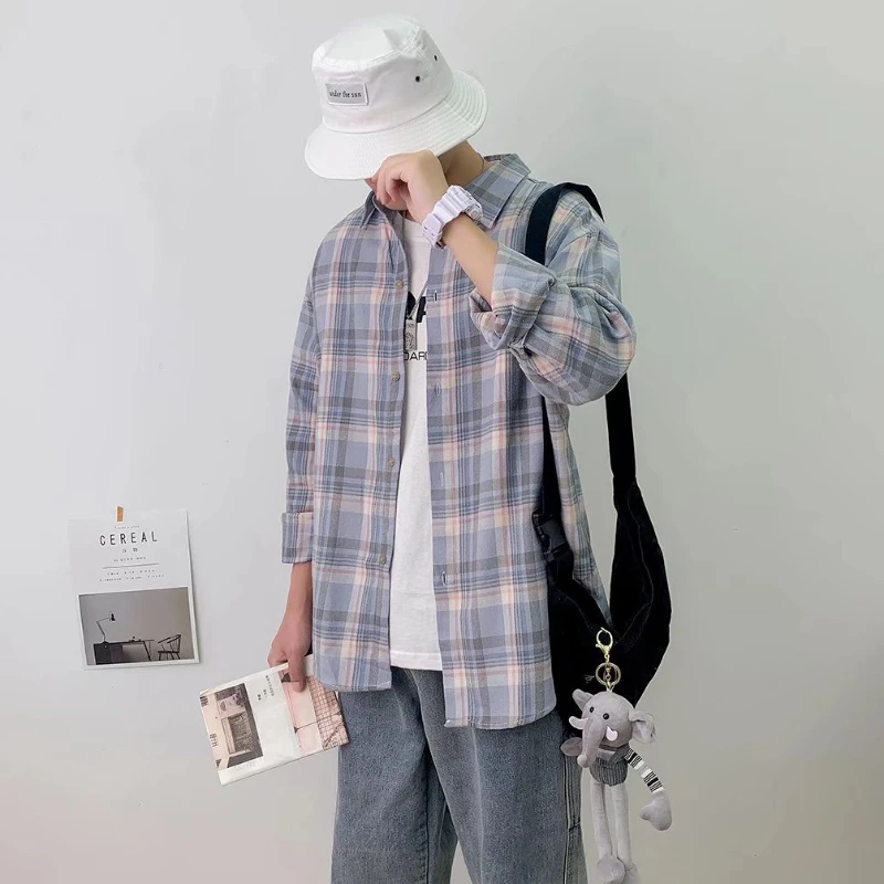 Plaid Shirts Men Harajuku Hot Sales College Unisex Spring Autumn Basic Males Tops Long Sleeve Cozy All-match Clothing Ins