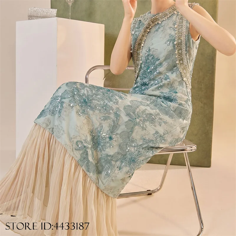 Luxury Improved Female Qipao Evening Party Dress New Chinese Style Embroidered Bead Cheongsam Retro Fashion Vestidos Maxi Dress