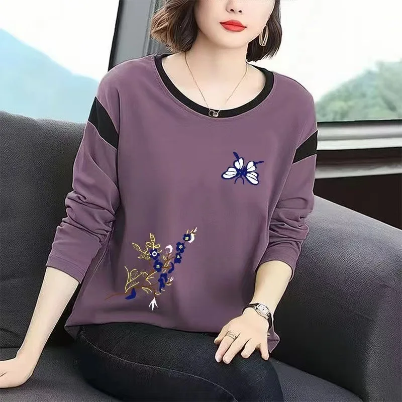 Slimming Effect Long Sleeve Printed T-Shirt Women's Thin round Neck Base Shirt Commute Style Winter Season Fashion Ladies' Top