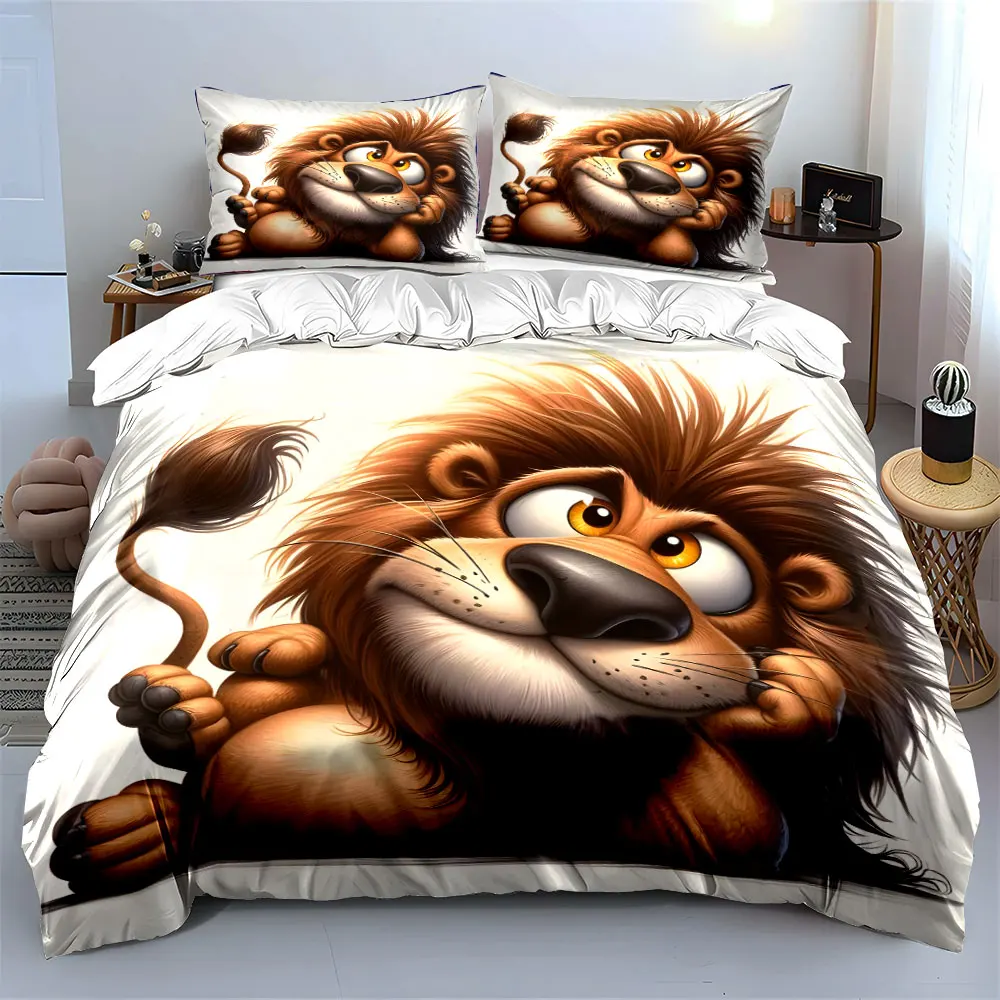Adorable cartoon lion lying relaxed Print Bedding Set 1 Duvet Cover 2 Pillowcases for Adult and Children Luxury Gift Full Size