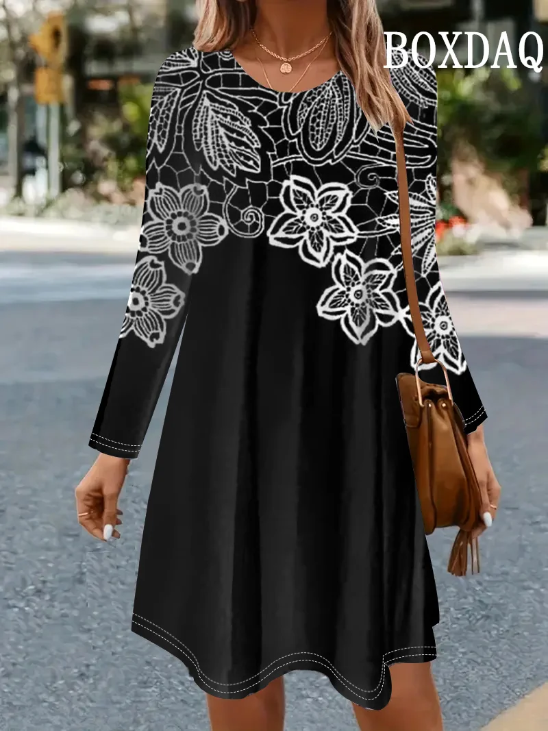 Women Casual O Neck Mini Dress Elegant Retro Printed Long Sleeve Casual Loose A-Line Dress Ladies Fashion Autumn Dresses Vestido