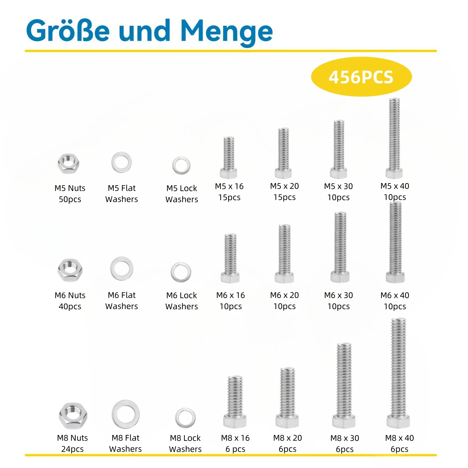 WZHUIDA 456PCS M5 M6 M8 Screw Set, Nut and Bolt Set Flat & Spring Washers, Hex Head Cap Screws Bolts and Nuts Kit, Fully Thread