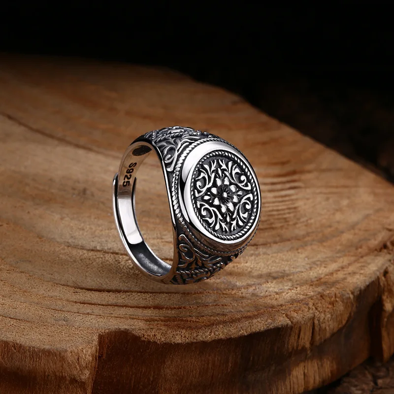 Wholesale 925 sterling silver ring round tangca pattern ring ring open ring thai silver retro trendyy personalized jewelry