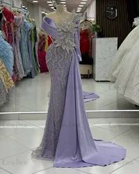 Lilac Sparkly Crystals Beaded Evening Dress Purple Mermaid Formal Party Gowns Arabic Woman Long Sleeve Prom Dresses Customized