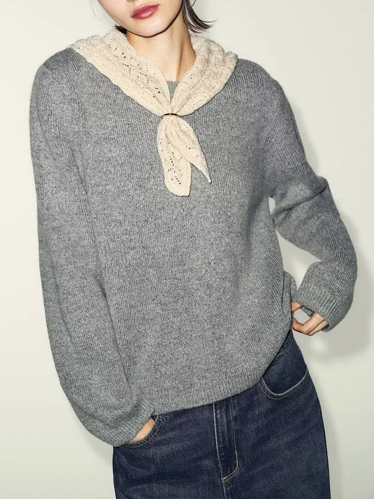 

Весенний женский модный универсальный комфортный вязаный свитер с пэчворк-шарфом, повседневный свободный крой, круглый вырез, длинный...