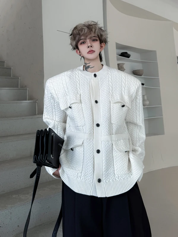 

TANGZ Studio Men's Knitted Cardigan Sweater Long Sve round Ne Twist Design Multi-ket Casual Winter Outerwear