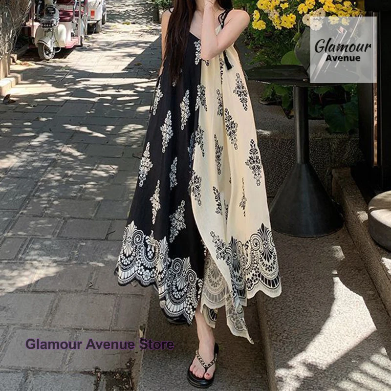 

French retro printed suspender dress summer new loose design slim skirt holiday style color matching irregular long skirt