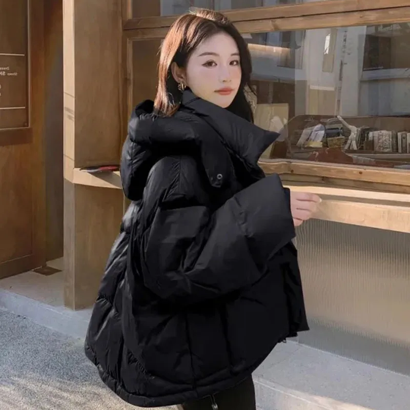 Green Down Jacket Women Fashion Casual Big Pockets Winter Cotton Coat Hooded Streetwear Thicken Warm Lady Outerwear