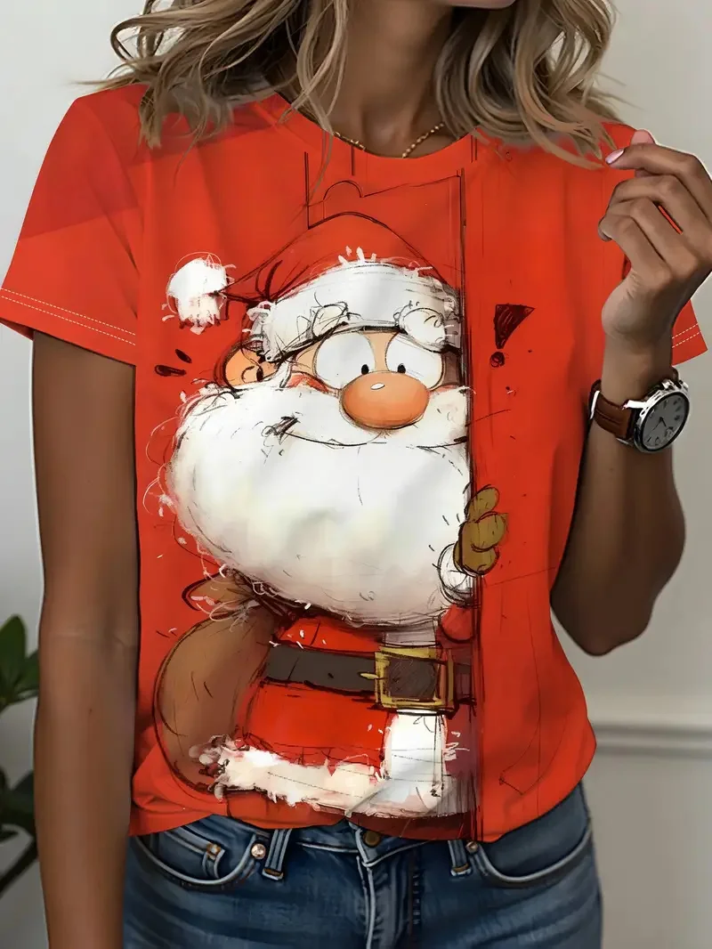 

Fashion Creative Santa Clause T-Shirt For Women Christmas Theme V-Neck Short Sleeve Tees Women's Loose Casual Breathable Clothes