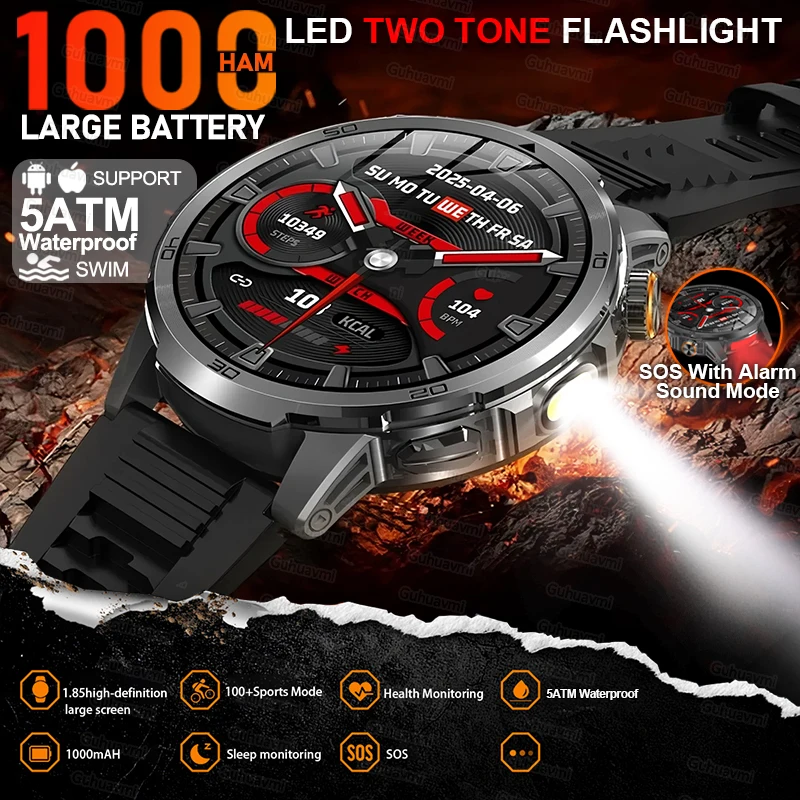 

Новые военные спортивные умные часы с аккумулятором 1000 мАч, 100+ спортивных 5 атм, водонепроницаемые, с GPS-треком, двухцветный фонарик, умные часы для мужчин