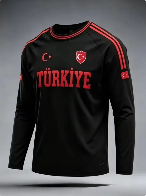 2026 Neues Herren-Fußballtrikot mit langen Ärmeln, Türkei-Print, weiß-rot gestreiftes Fußballshirt, lässiges Sport-Trainingsoberteil, Fan-Trikot – Detail 2