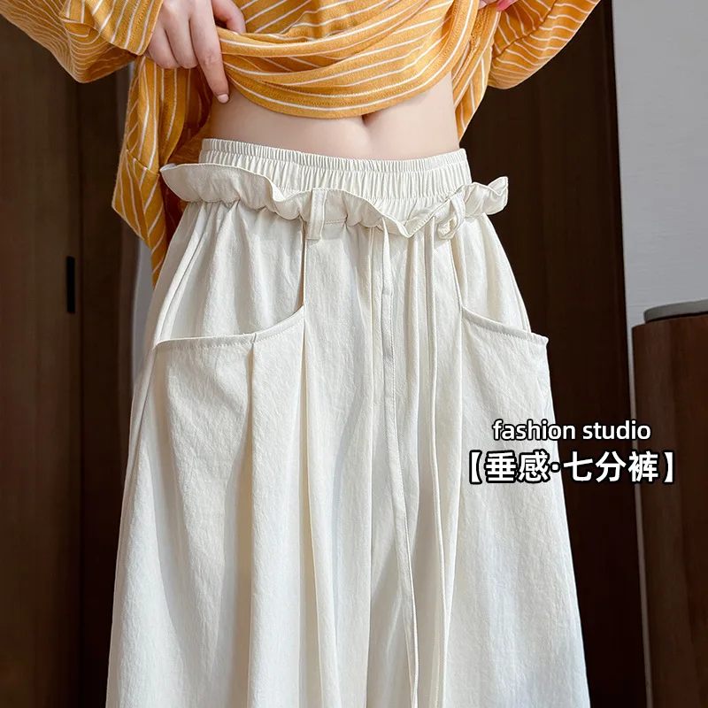 

Summer White Pleated Ruffled Wide-leg Pants Thin Loose High-waist 7-inch Mid-length Casual Pants Wholesale