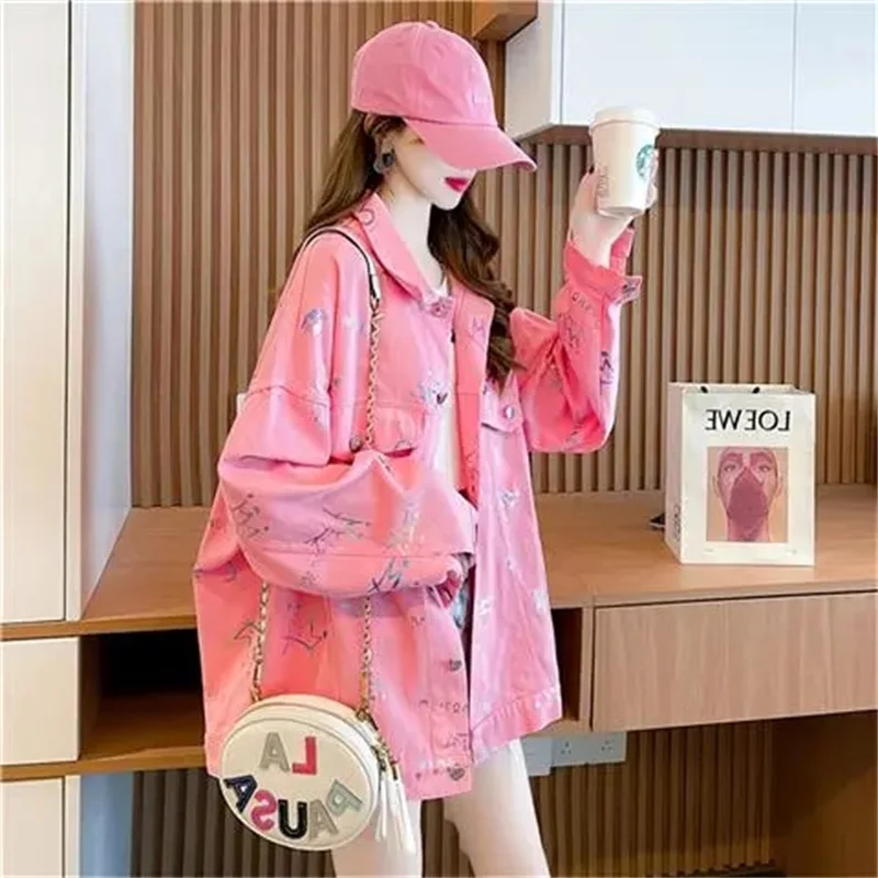 Chaqueta vaquera de manga larga para mujer, abrigo vaquero holgado con estampado de moda, Top versátil, color rosa, primavera y otoño, 2023