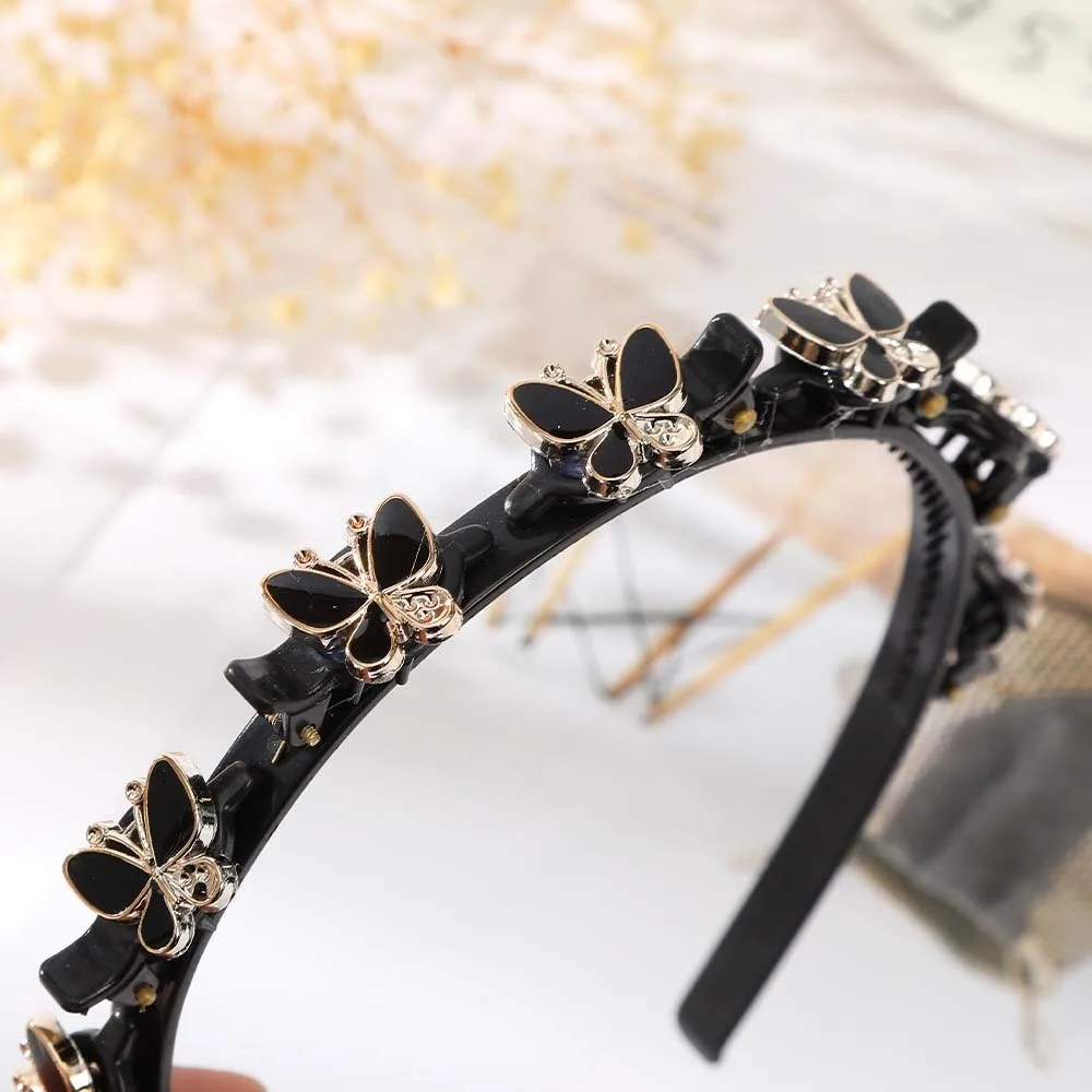 

Elegant Hair Bands with Clips Sweet French Style Women Butterfly Hair Hoop Headwear Shiny Rhinestone Bangs Clip Headband Gifts