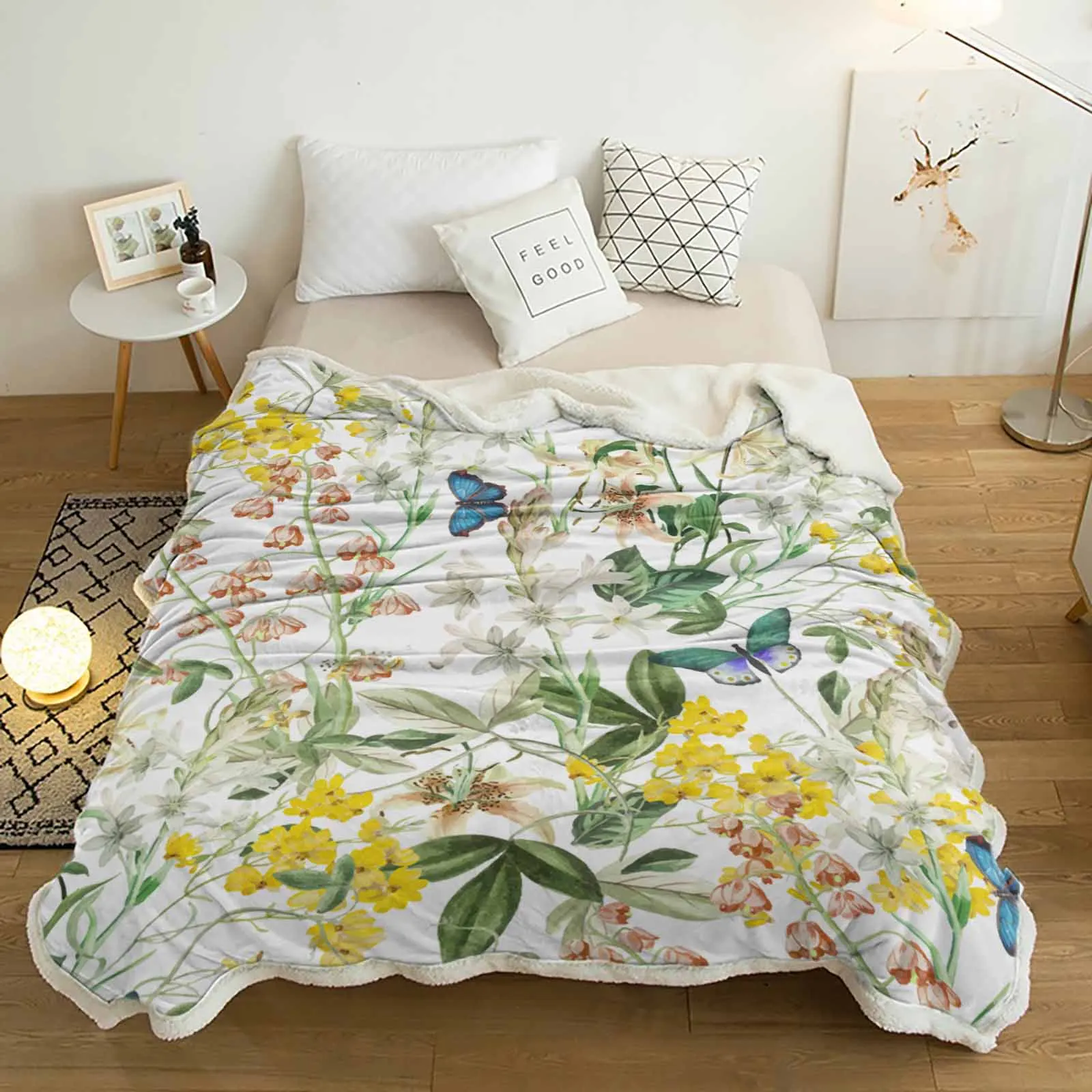 Plant Flowers Leaves Butterfly Cashmere Blanket Warm Winter Soft Throw Blankets for Beds Sofa Wool Blanket Bedspread