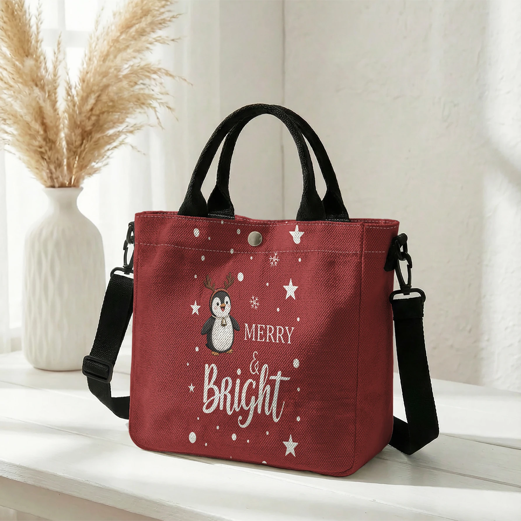 Merry & Bright Antler Penguin Red Print Tote Bag, Detachable Strap Crossbody Handbag For Daily Work Shopping