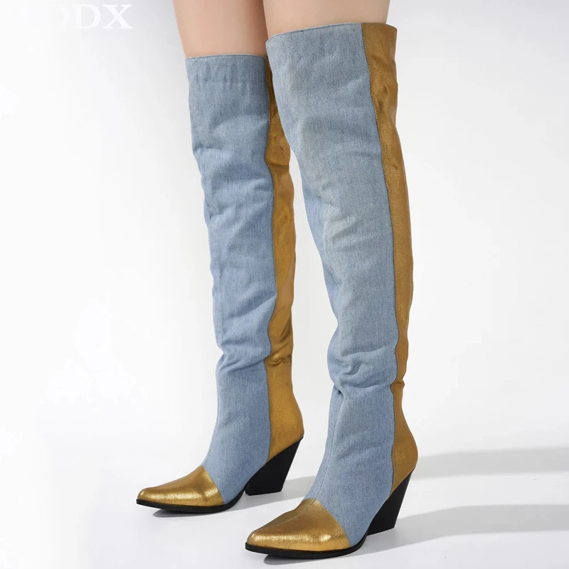 Denim Patchwork High Over The Knee Boots Fashion Pointed Toe Chunky Heel Mixed Color Boots Women Big Size Shoes Zapatos De Mujer