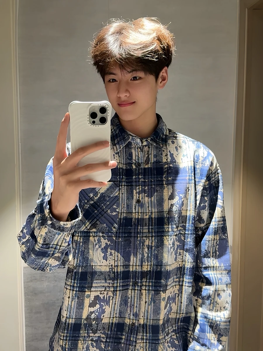 

Синяя рубашка в клетку с эффектом тай-дай, с длинным рукавом, молодежная, весенне-осенняя, с воротником Cleanfit, свободного кроя, влагоотводящая, модная