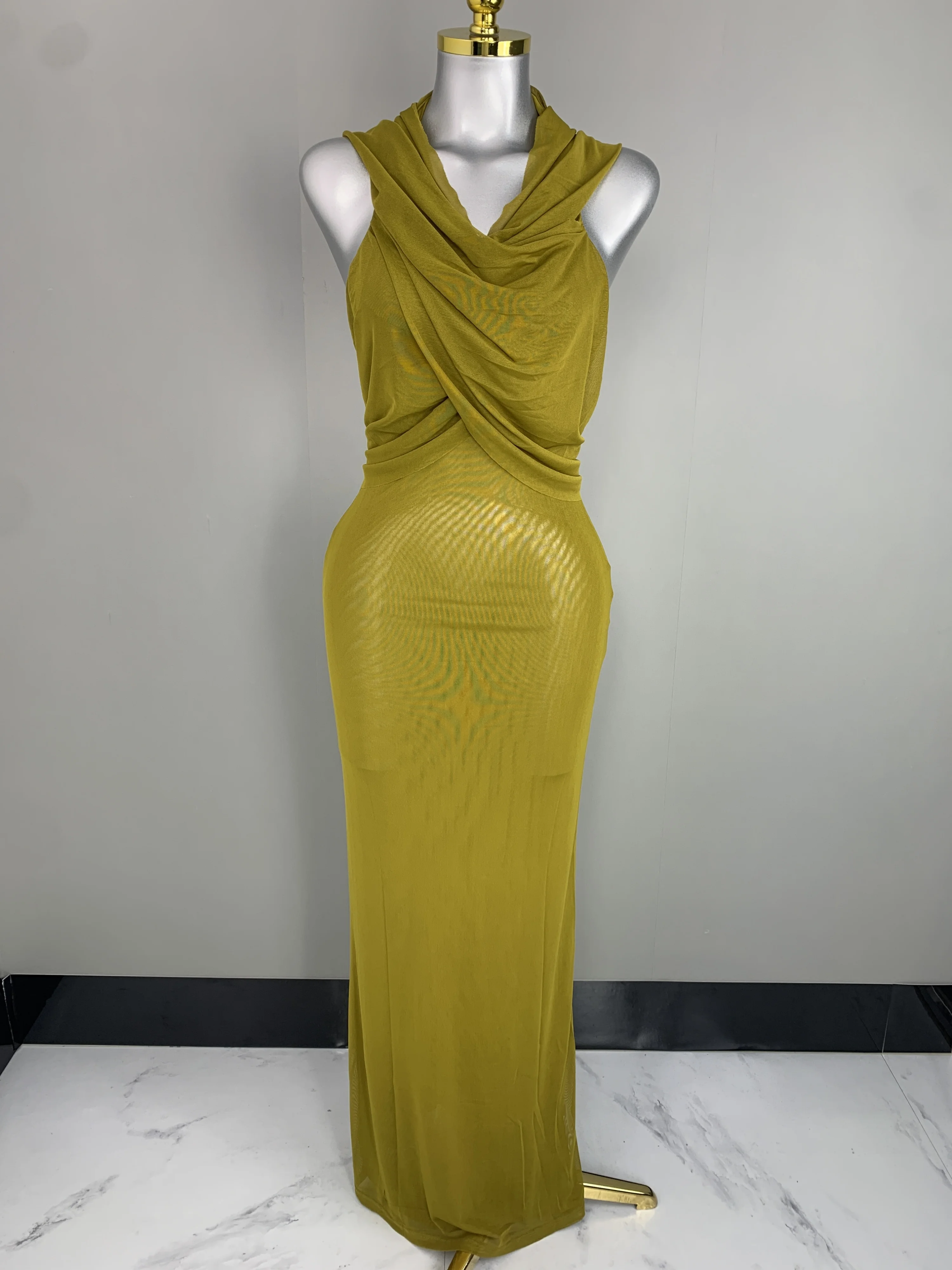 Women Luxury Sexy Sleeveless Mesh Army Green Maxi Long Hoodies Bodycon Gowns Dress Elegant Evening Party Club Dress