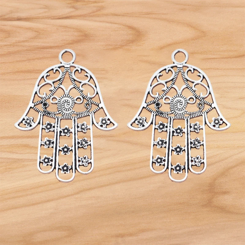 15 Pieces Tibetan Silver Hollow Out Open Hamsa Hand Charms Pendants for DIY Necklace Jewelry Making Findings Accessories 53x40mm